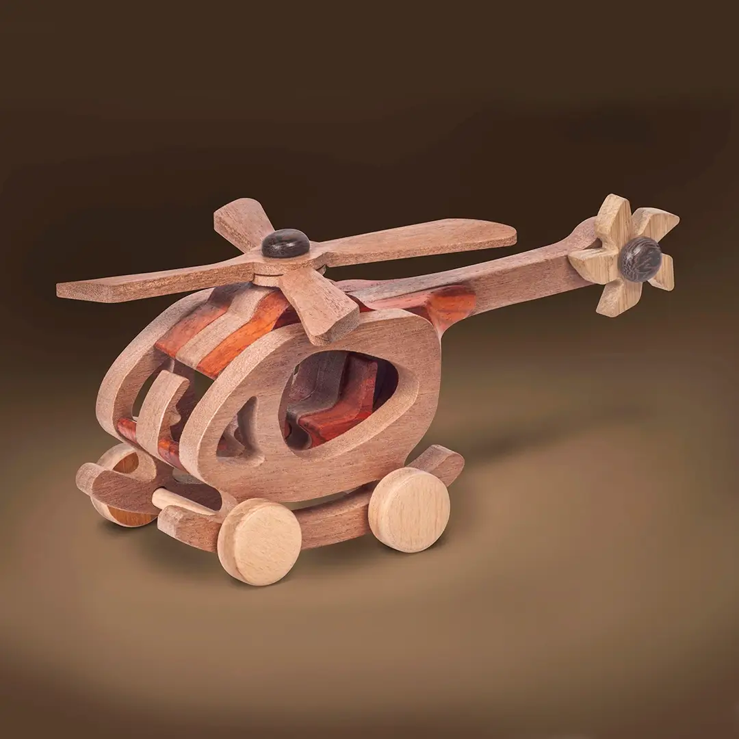 brownheli Wooden toy helicopter on a soft brown gradient background.