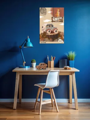 A wooden cheetah animal car toy on a desk with a matching cheetah poster on a blue wall.