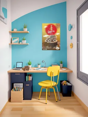 A wooden cheetah animal car toy on a study table with a cheetah poster on a blue wall.