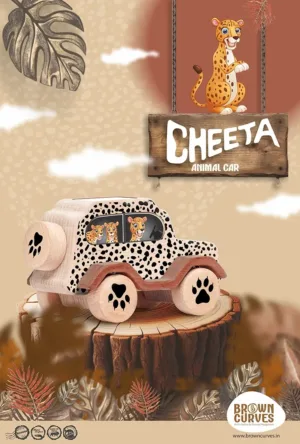 A wooden cheetah animal car toy displayed on a tree stump with a jungle-themed background.