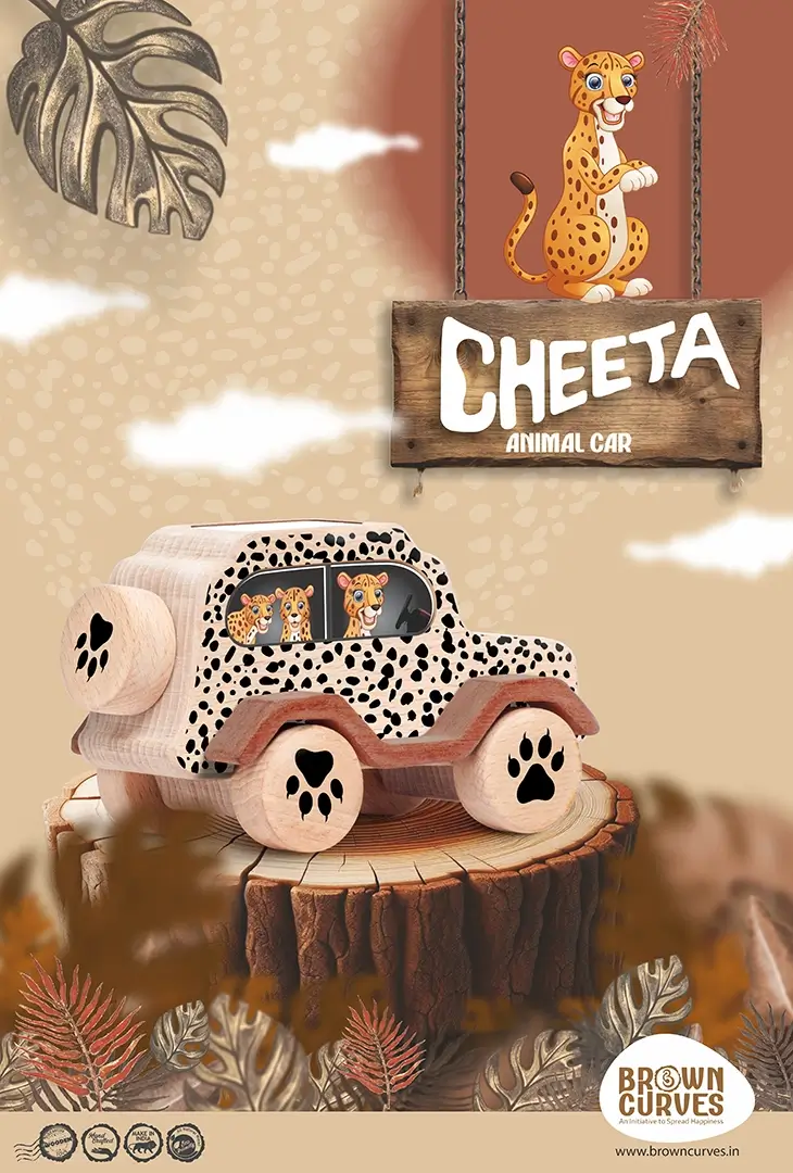 cheeta_back A wooden cheetah animal car toy displayed on a tree stump with a jungle-themed background.