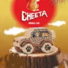 A wooden cheetah animal car toy on a tree stump with a colorful cheetah poster background.