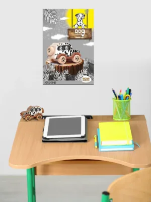 A Dalmatian wooden toy car poster is displayed above a study desk with books, a tablet, and stationery.