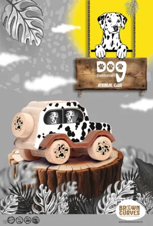 Dalmatian animal car wooden toy displayed on a tree stump with illustrated dog poster background.
