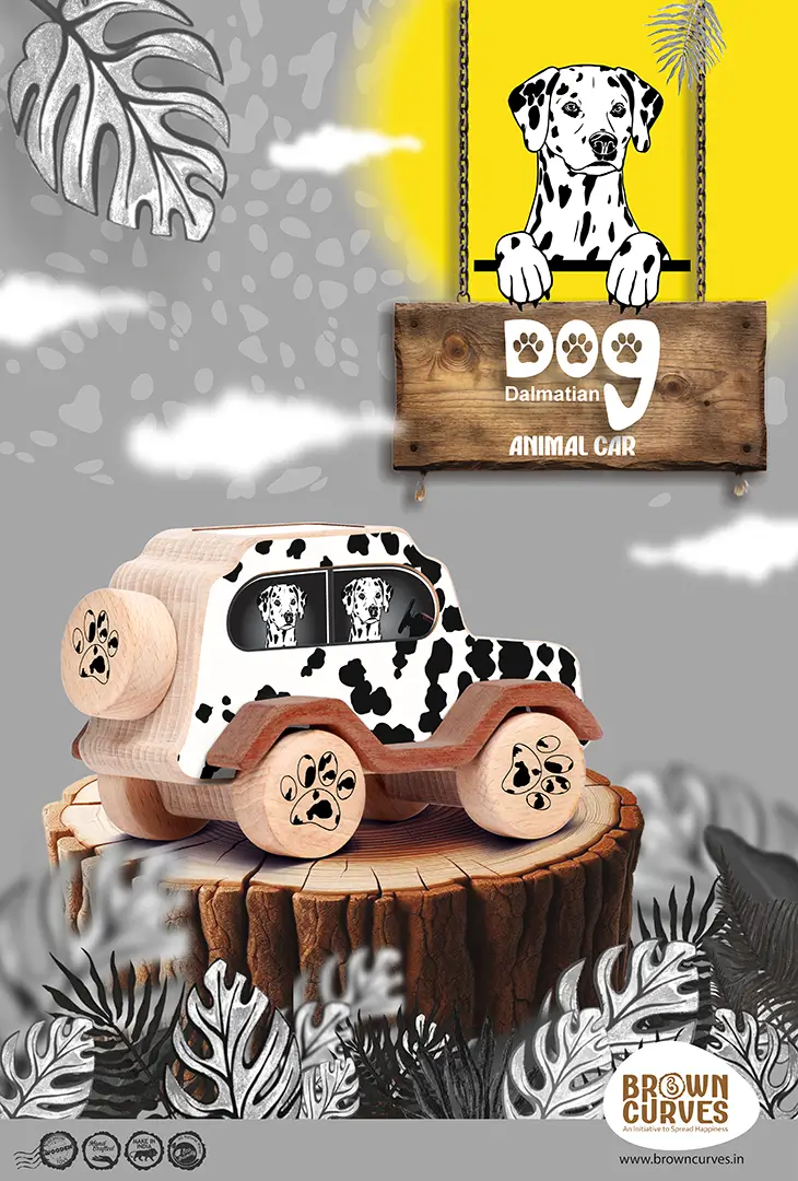 dog_back Dalmatian animal car wooden toy displayed on a tree stump with illustrated dog poster background.