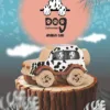 A wooden Dalmatian-themed toy car is displayed on a tree stump with a playful illustrated background.