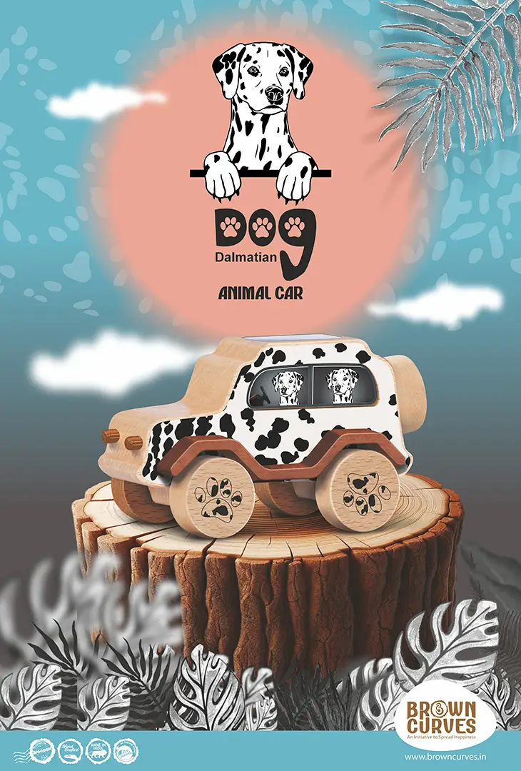 dog_front A wooden Dalmatian-themed toy car is displayed on a tree stump with a playful illustrated background.