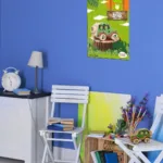 frogPoster (1) A frog-themed animal car poster on a blue wall above a cozy reading and art corner.