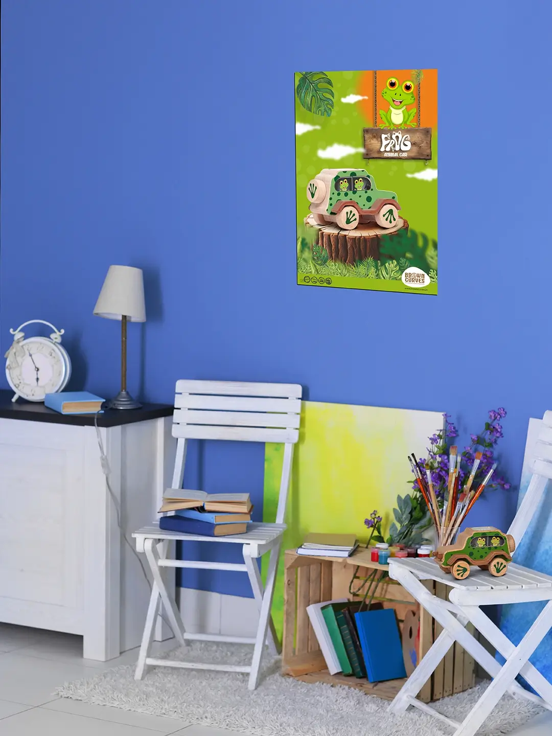 frogPoster (1) A frog-themed animal car poster on a blue wall above a cozy reading and art corner.