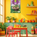 frogPoster (4) A frog-themed wooden toy car poster displayed in a colorful children’s playroom.