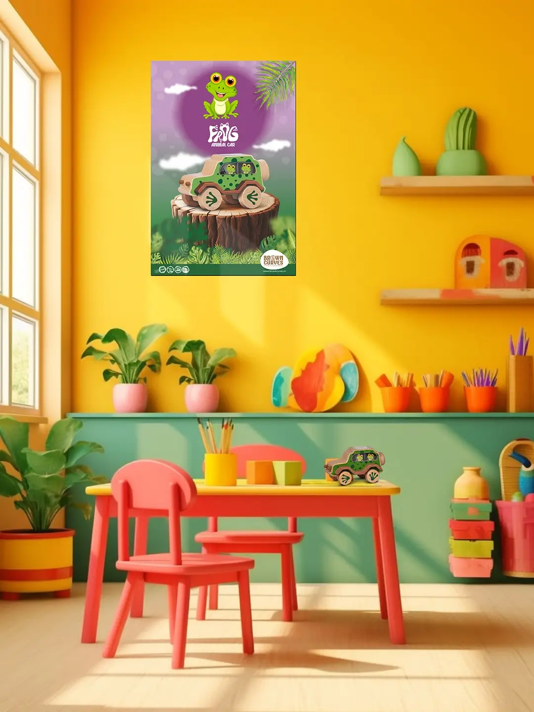 frogPoster (4) A frog-themed wooden toy car poster displayed in a colorful children’s playroom.