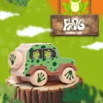 frog_back A green frog-themed wooden toy car is displayed on a tree stump with a jungle-style illustrated background.