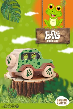 A green frog-themed wooden toy car is displayed on a tree stump with a jungle-style illustrated background.