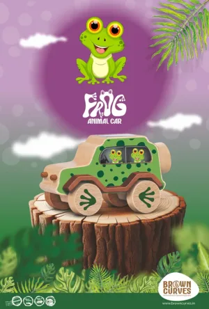 A frog-themed wooden animal car displayed on a tree stump with a playful illustrated background.