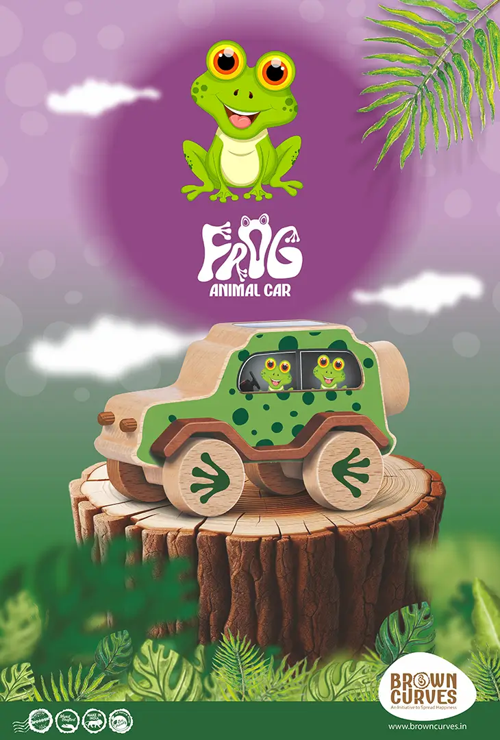 frog_front A frog-themed wooden animal car displayed on a tree stump with a playful illustrated background.