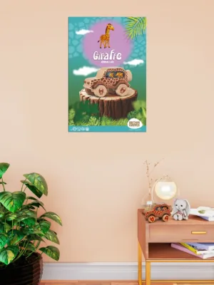 Kids room with giraffe toy car and wall poster.