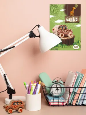Kids desk with giraffe toy car and animal poster.