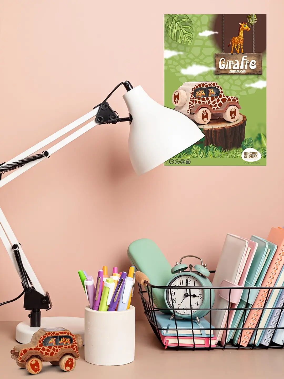 giraffePoster (4) Kids desk with giraffe toy car and animal poster.