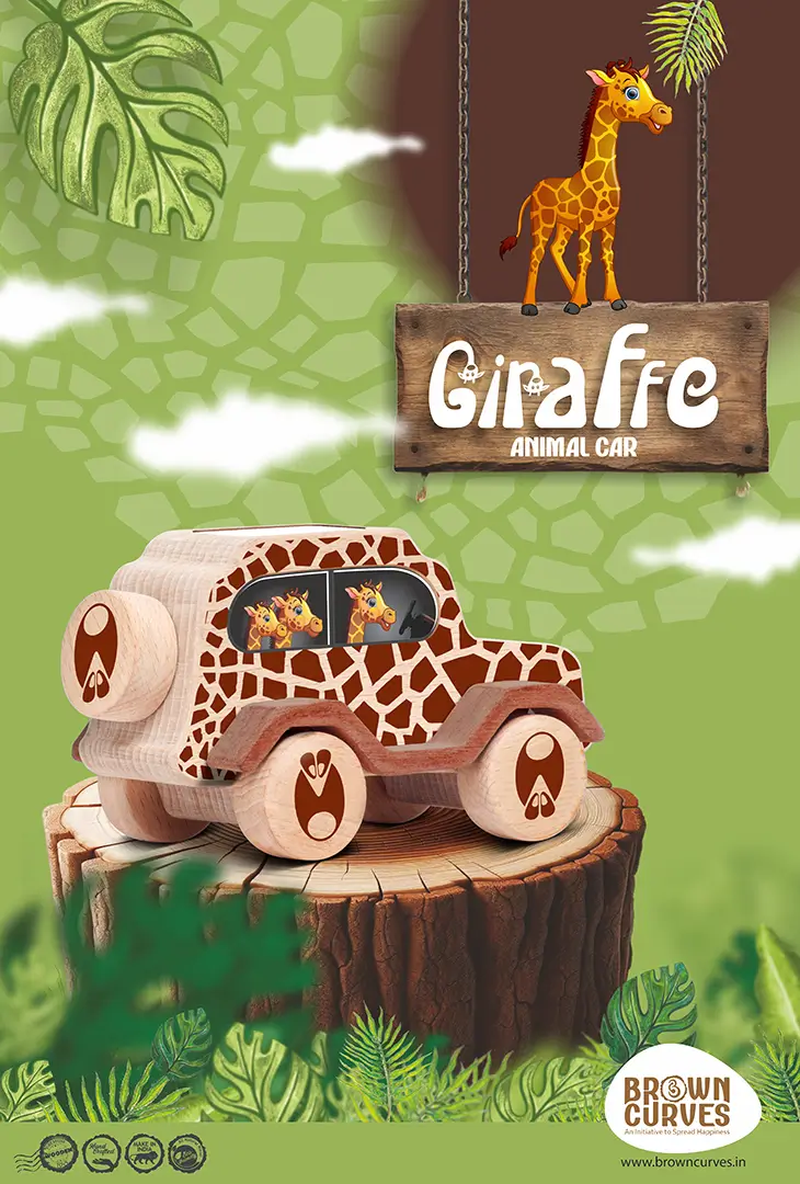 giraffe_back A giraffe-themed wooden animal car displayed on a tree stump with a jungle-style illustrated background.