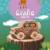 Giraffe-themed wooden animal car displayed on a tree stump with a colorful illustrated background.