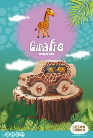 Giraffe-themed wooden animal car displayed on a tree stump with a colorful illustrated background.