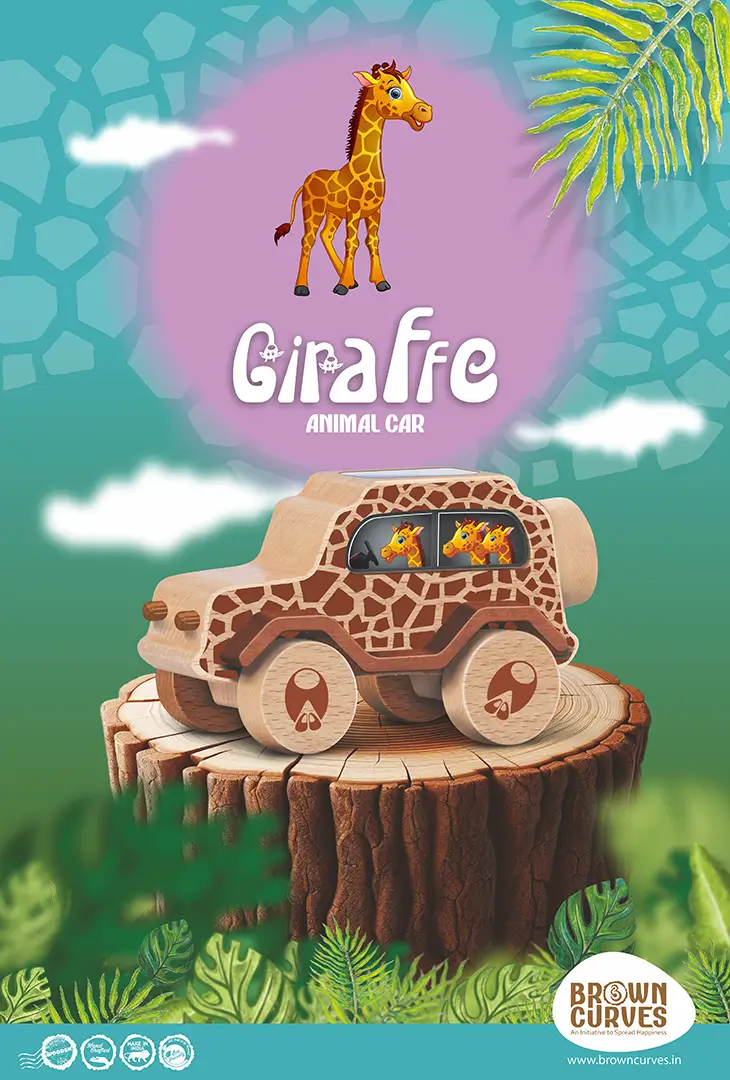giraffe_front Giraffe-themed wooden animal car displayed on a tree stump with a colorful illustrated background.