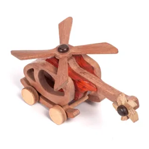 High-angle perspective of a multi-tone wooden helicopter.