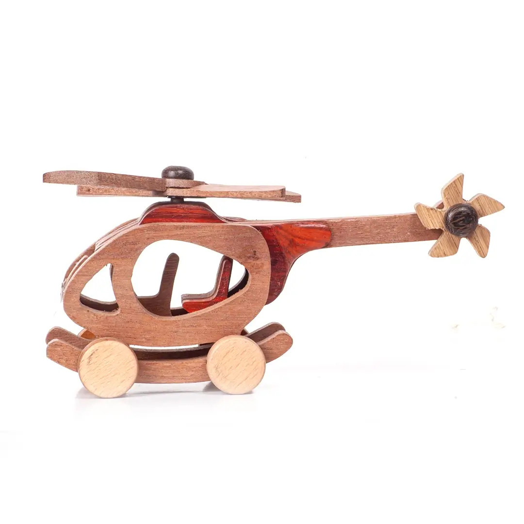 heli03 Flat side view of a minimalist wooden helicopter toy.
