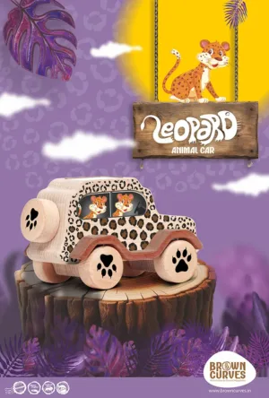 A leopard-themed wooden animal car displayed on a tree stump with a vibrant illustrated background.