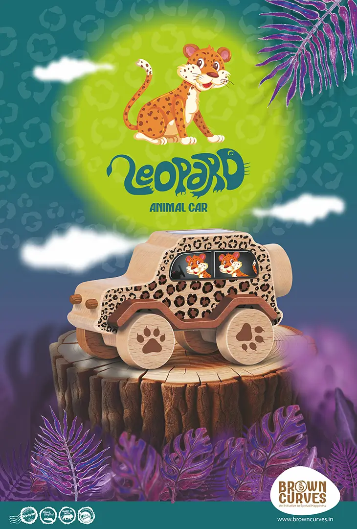 leopard_front A leopard-themed wooden animal car displayed on a tree stump with a colorful jungle-style background.
