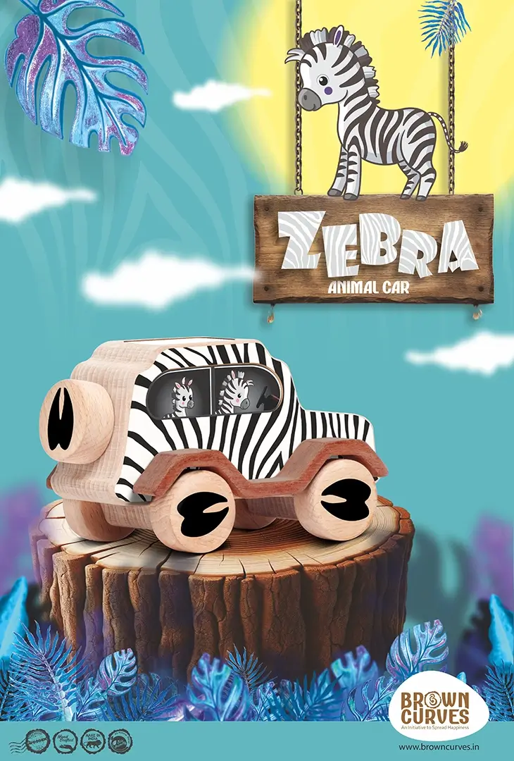 poster_zebra_back A wooden zebra animal car toy is displayed on a tree stump with a colorful jungle-themed background.