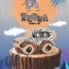 A zebra-themed wooden animal car displayed on a tree stump with a soft jungle-style illustrated background.