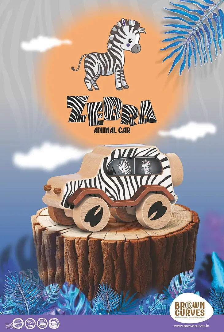 poster_zebra_front A zebra-themed wooden animal car displayed on a tree stump with a soft jungle-style illustrated background.