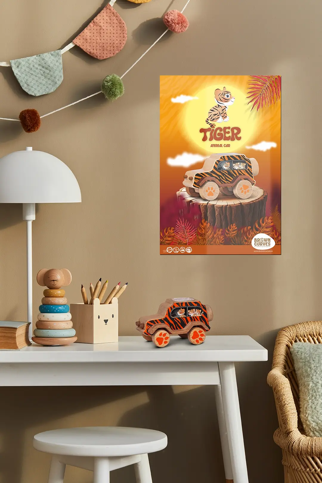 tigerPoster (1) Kids desk with tiger toy and animal poster.