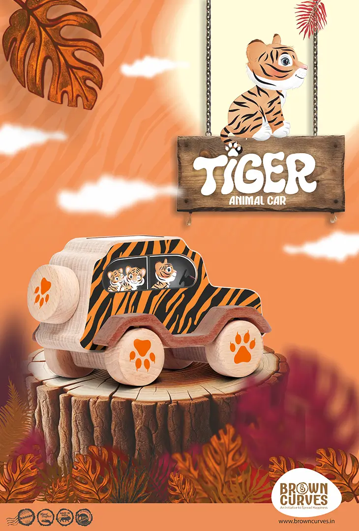 tiger_back A tiger-themed wooden animal car is displayed on a tree stump with a warm jungle-style illustrated background and a hanging wooden sign above.