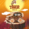 A tiger-themed wooden animal car displayed on a tree stump with a bright jungle-style illustrated background.