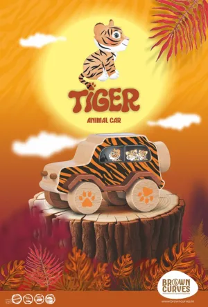 A tiger-themed wooden animal car displayed on a tree stump with a bright jungle-style illustrated background.