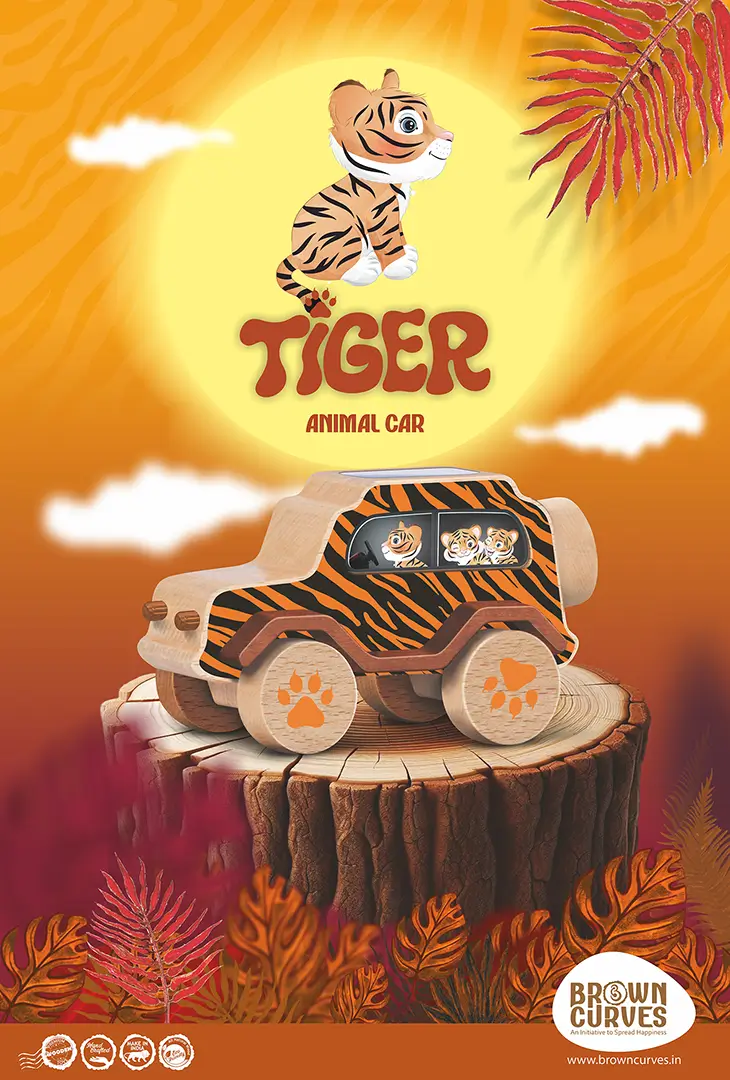 tiger_front A tiger-themed wooden animal car displayed on a tree stump with a bright jungle-style illustrated background.