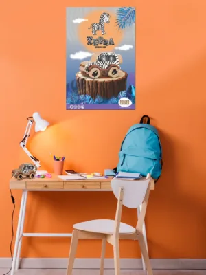 Kids study desk with zebra animal car poster on orange wall.