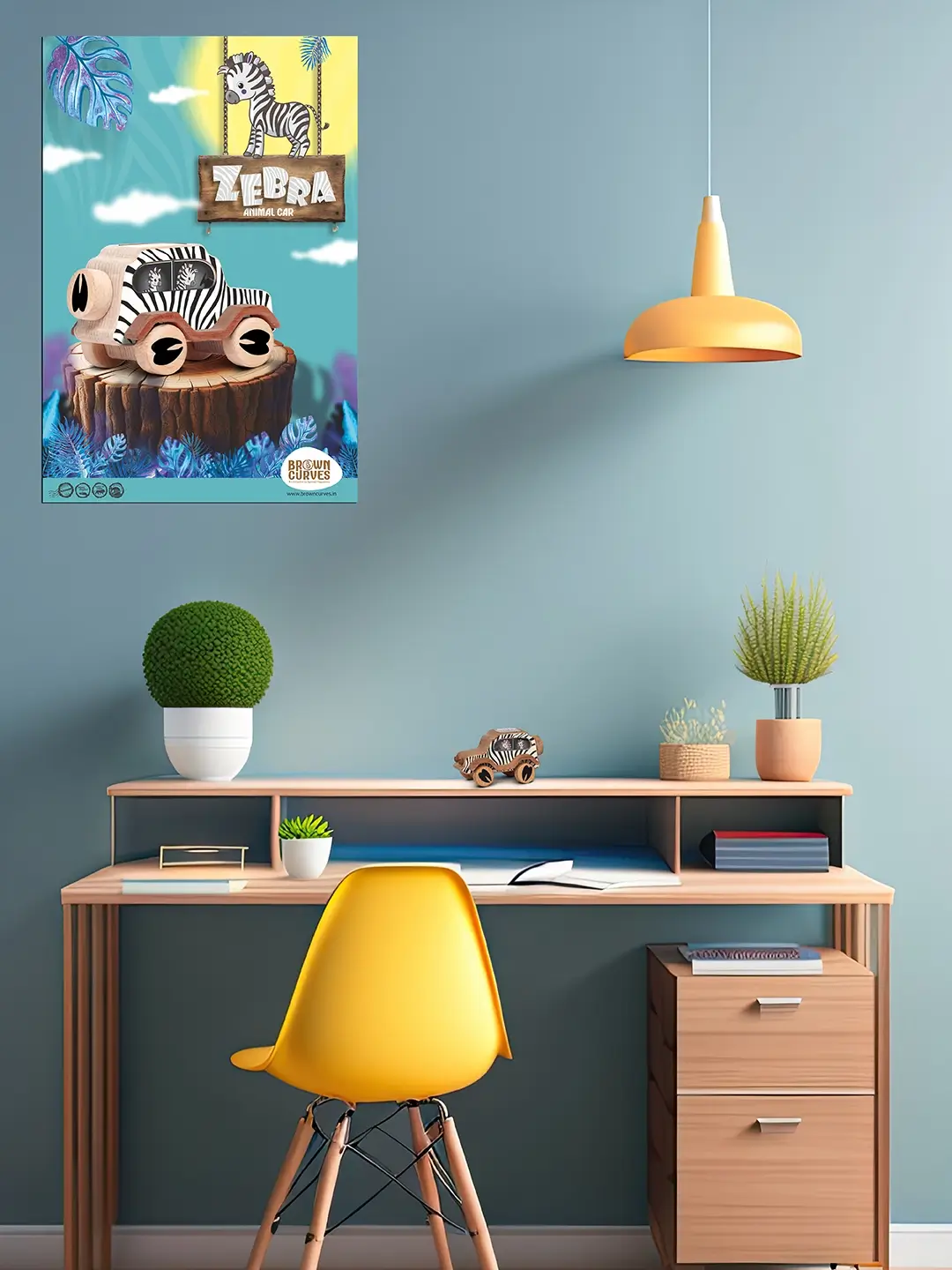 zebraPoster (4) A wooden zebra animal car toy on a shelf with a matching zebra poster on the wall.