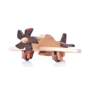 Low-angle front view of a handmade wooden propeller plane.