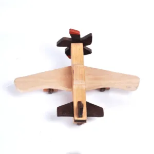 Rear overhead view of a handcrafted wooden plane showing the tail fin.