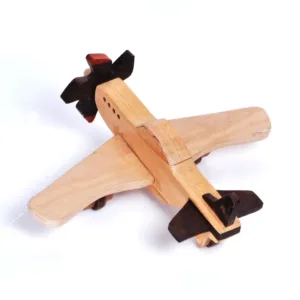 Bird's-eye view of a wooden toy aeroplane at a diagonal angle.