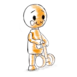 Orange sketch of a toddler playing with a walker toy.