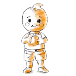 Orange sketch of a young child holding a ball.