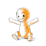 Orange sketch of a child sitting with arms wide.