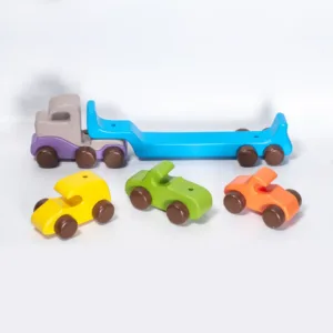 A full wooden car carrier set laid out on a white background.