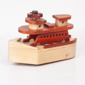 High-angle side view of a wooden toy ship showing deck levels.