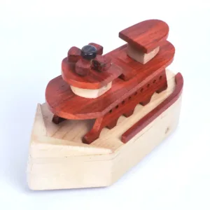 Rear-angled overhead view of a handcrafted wooden ship.