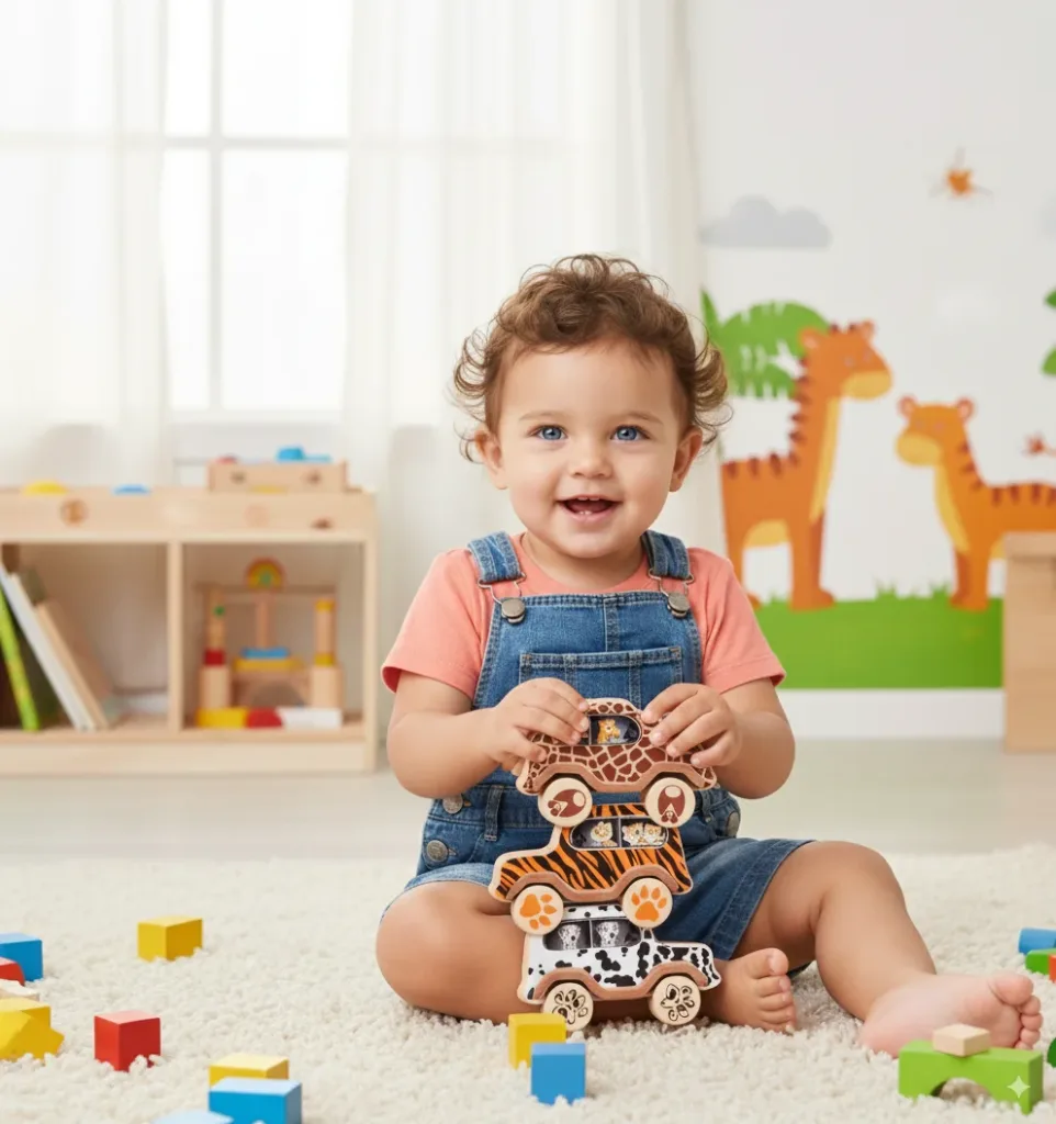 Baby playing with wooden animal stack toy on floor